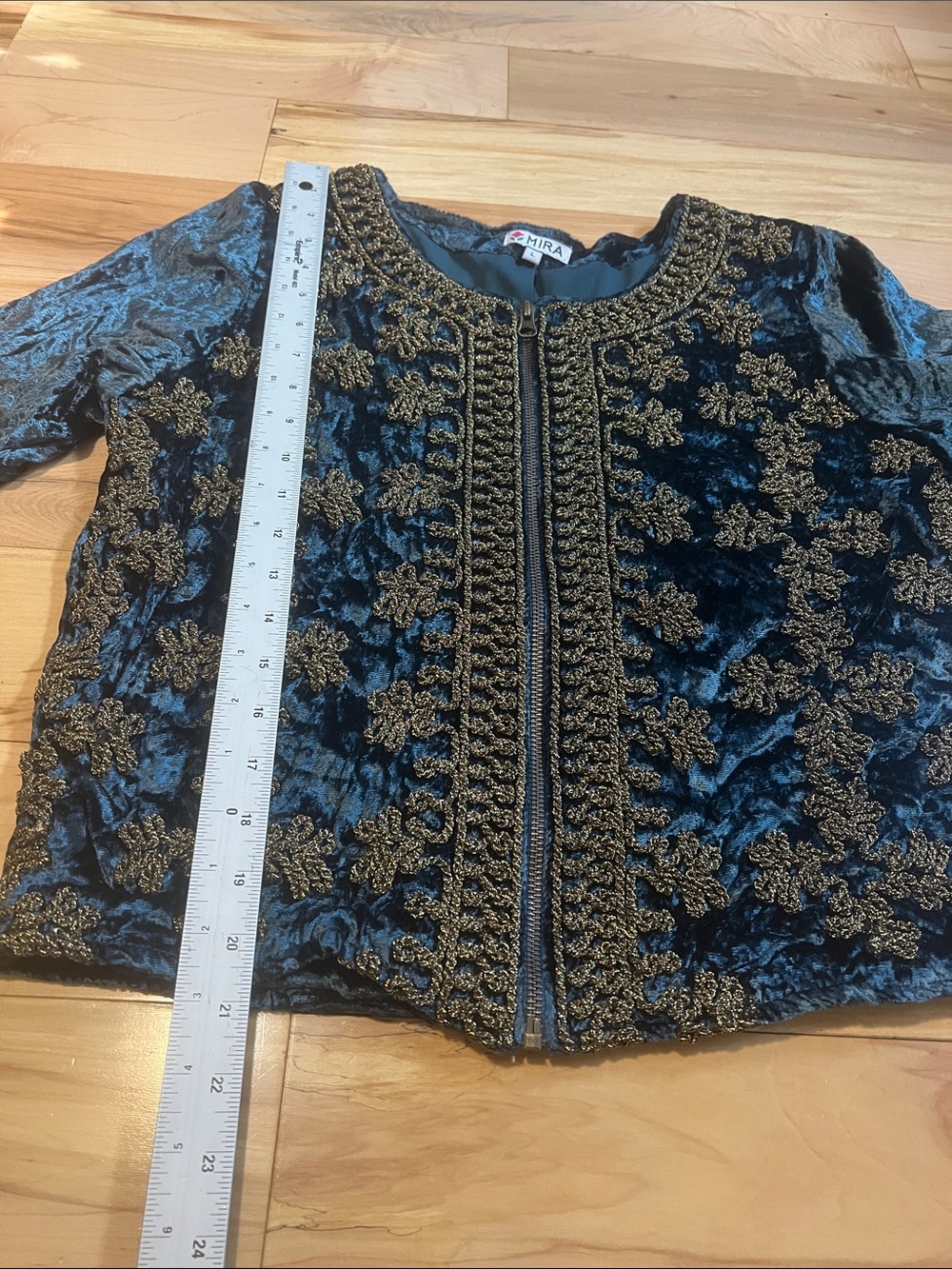 Embroidered Velvet Jacket - Deep Teal with Gold Trim - Picture 9 of 14